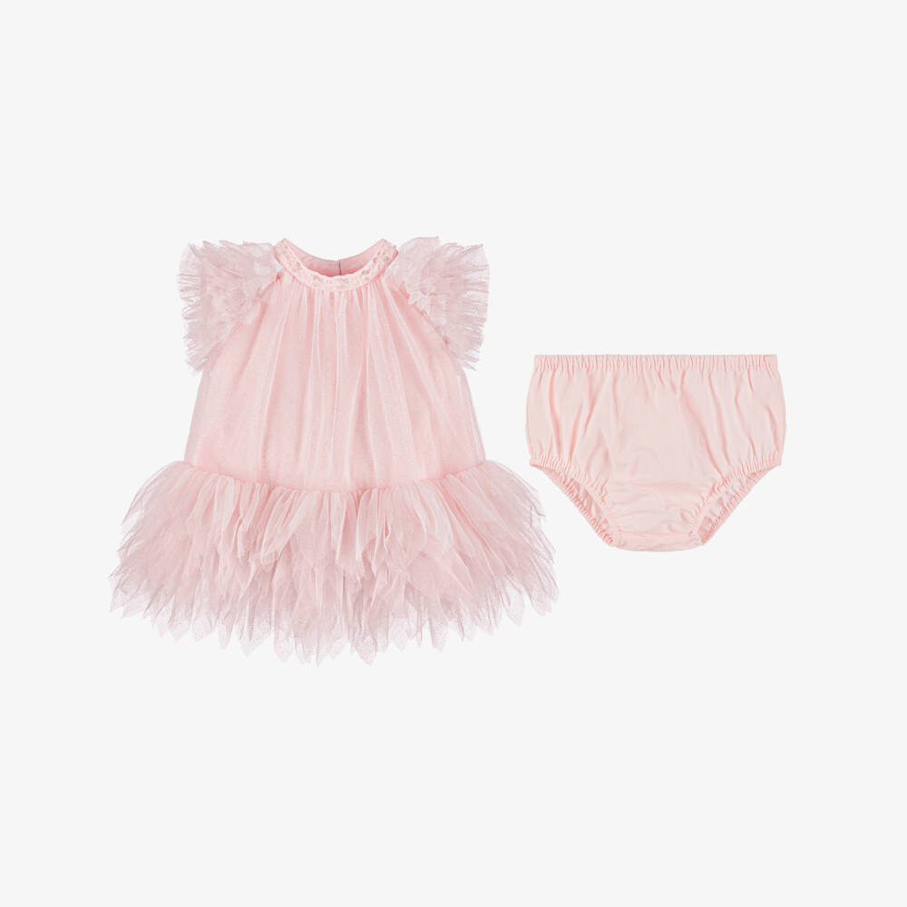 Tutu du Monde-Baby Girls Pink Glitter Tulle Dress with Pearl & Diamanté Collar | Childrensalon Outlet