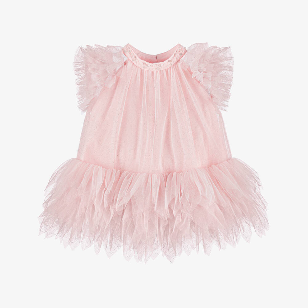 Tutu du Monde-Baby Girls Pink Glitter Tulle Dress with Pearl & Diamanté Collar | Childrensalon Outlet