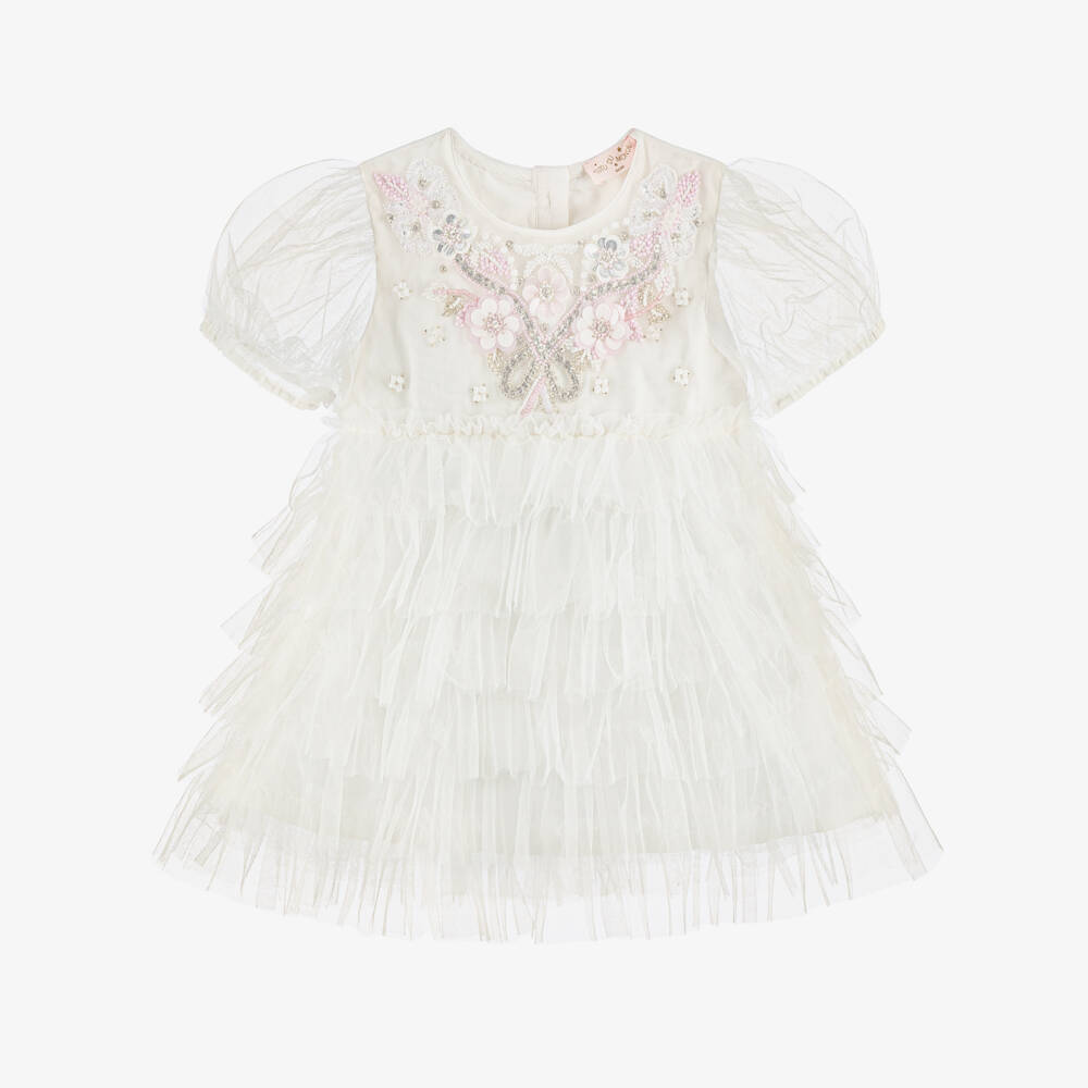 Tutu du Monde-Baby Girls White Tulle Dress with Sequin Flowers & Beads | Childrensalon Outlet