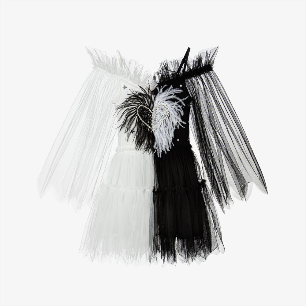 Tutu du Monde-Black & White Tulle Heart Sequin Feather Strappy Dress | Childrensalon Outlet