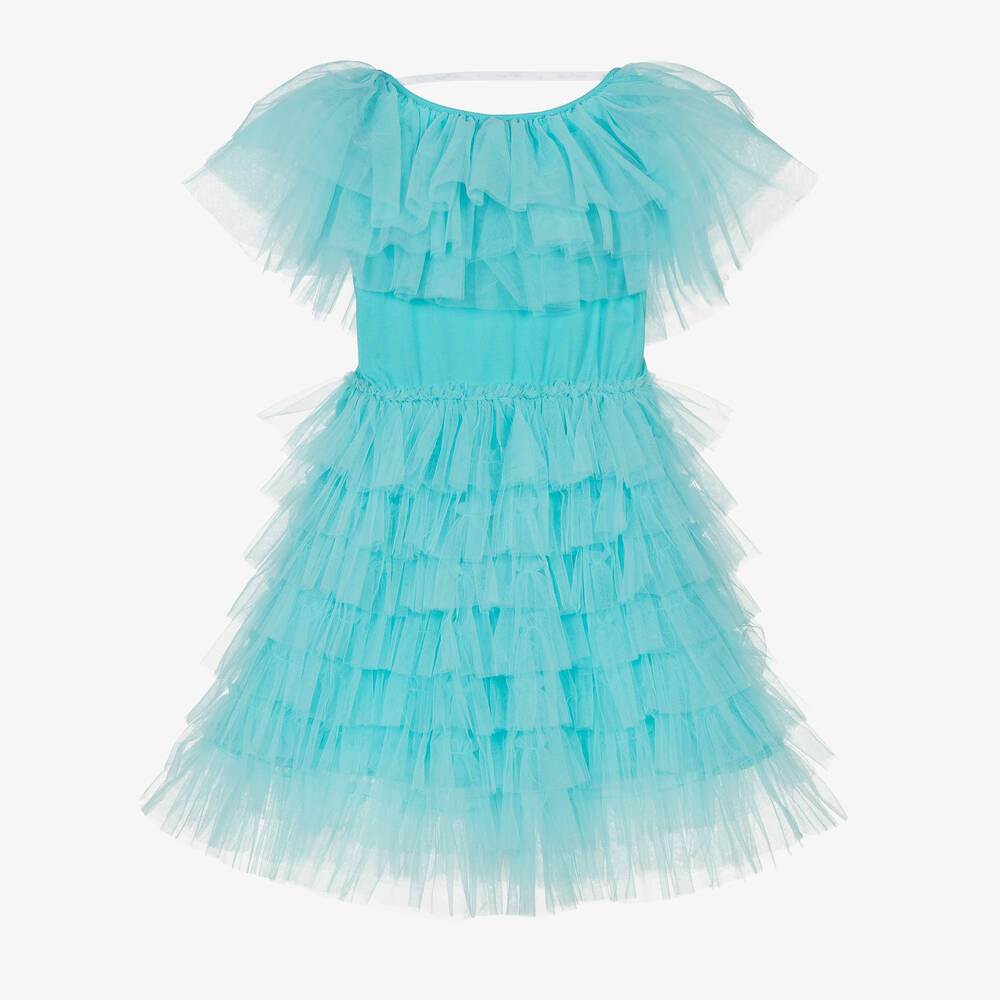 Tutu du Monde-فستان قطن وتول مزين بكشكش لون أزرق تركواز | Childrensalon Outlet