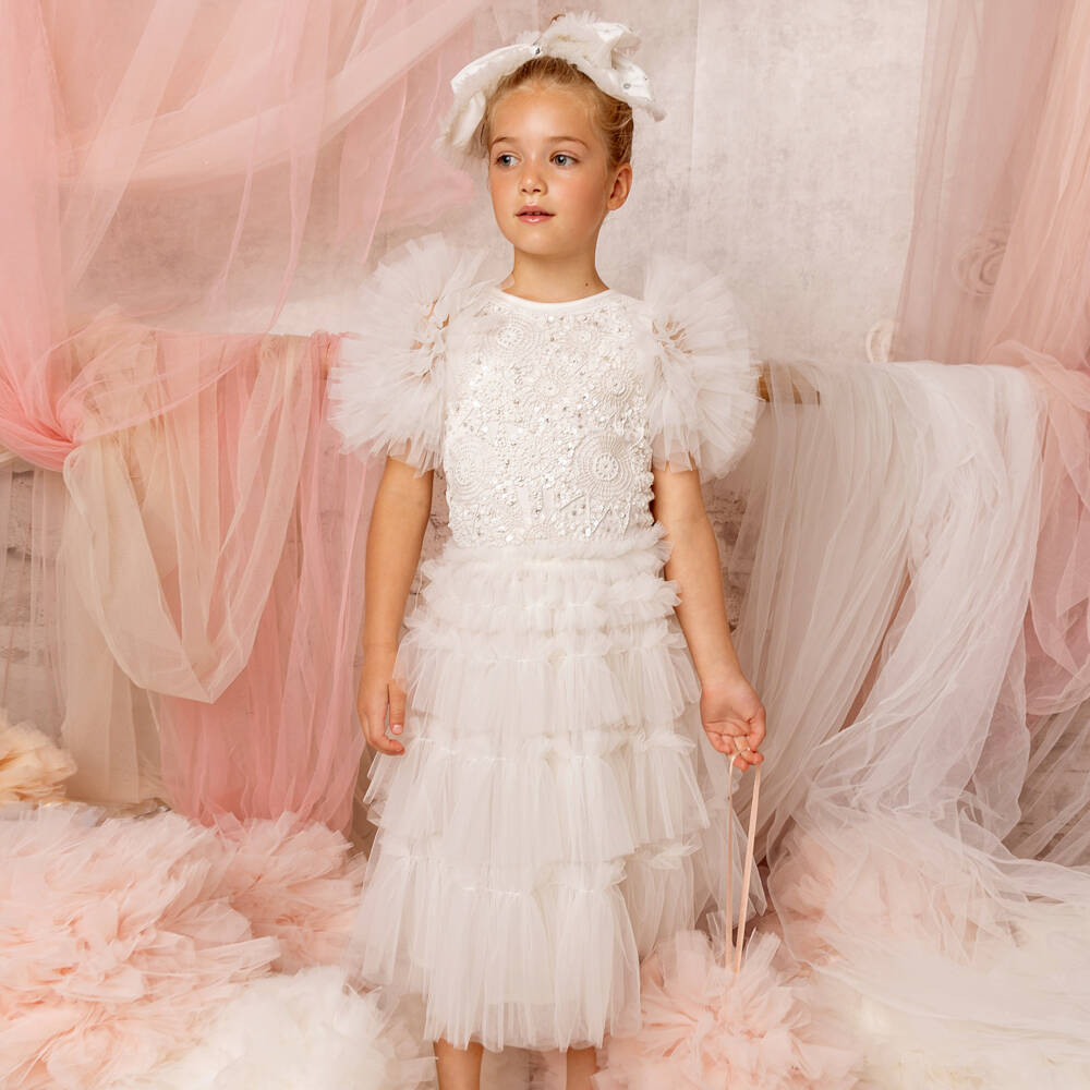 Tutu du Monde-Girls Elegant Ivory Beaded Tulle Dress | Childrensalon Outlet