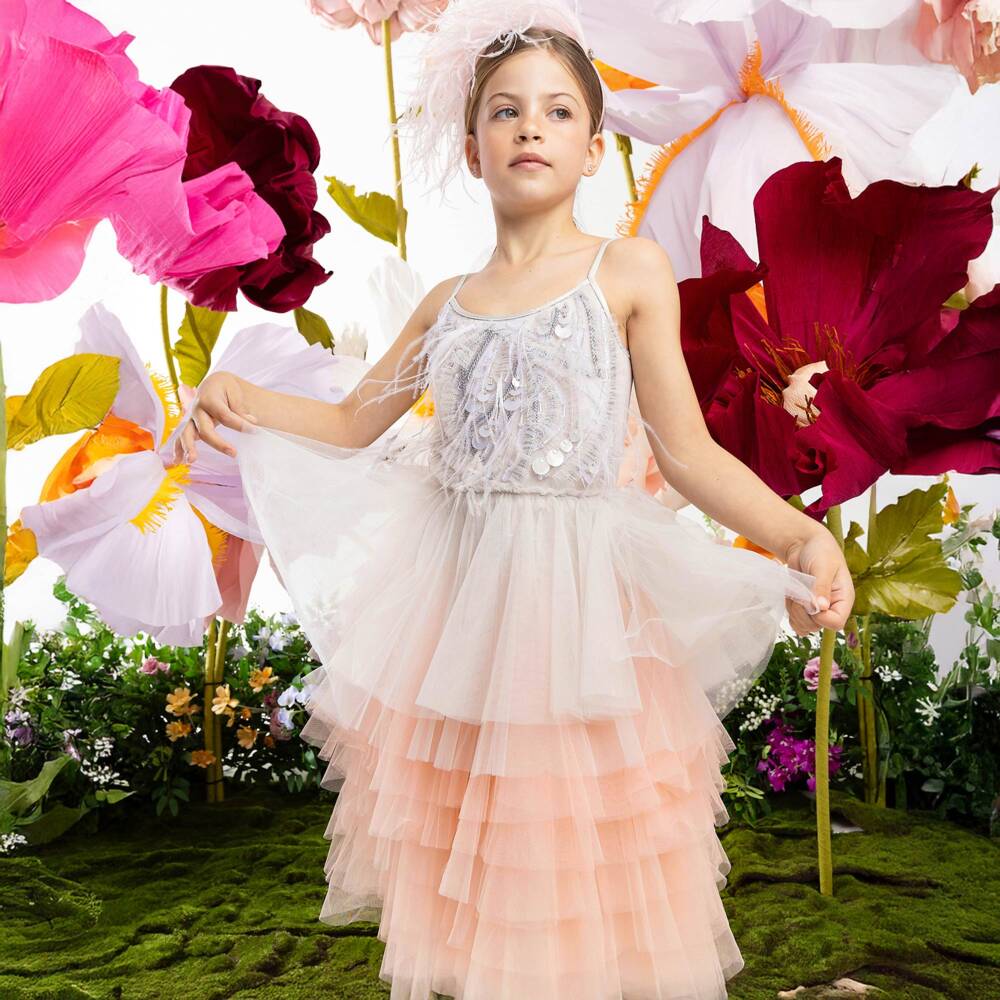 Tutu du Monde-فستان تول وردي ورمادي مزين بالريش للبنات | Childrensalon Outlet