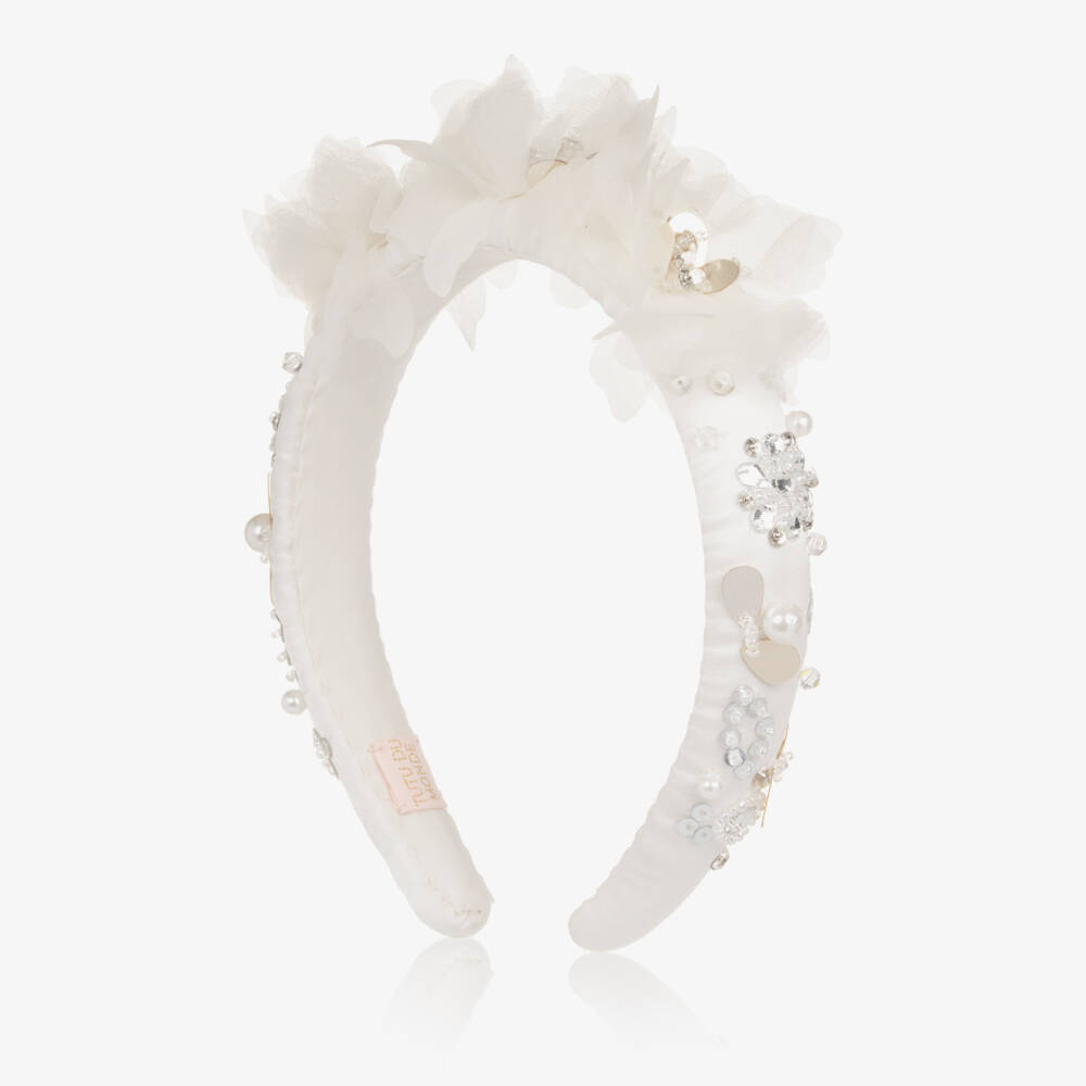 Tutu du Monde-Girls Ivory Beaded Hairband with Flower Appliqués | Childrensalon Outlet