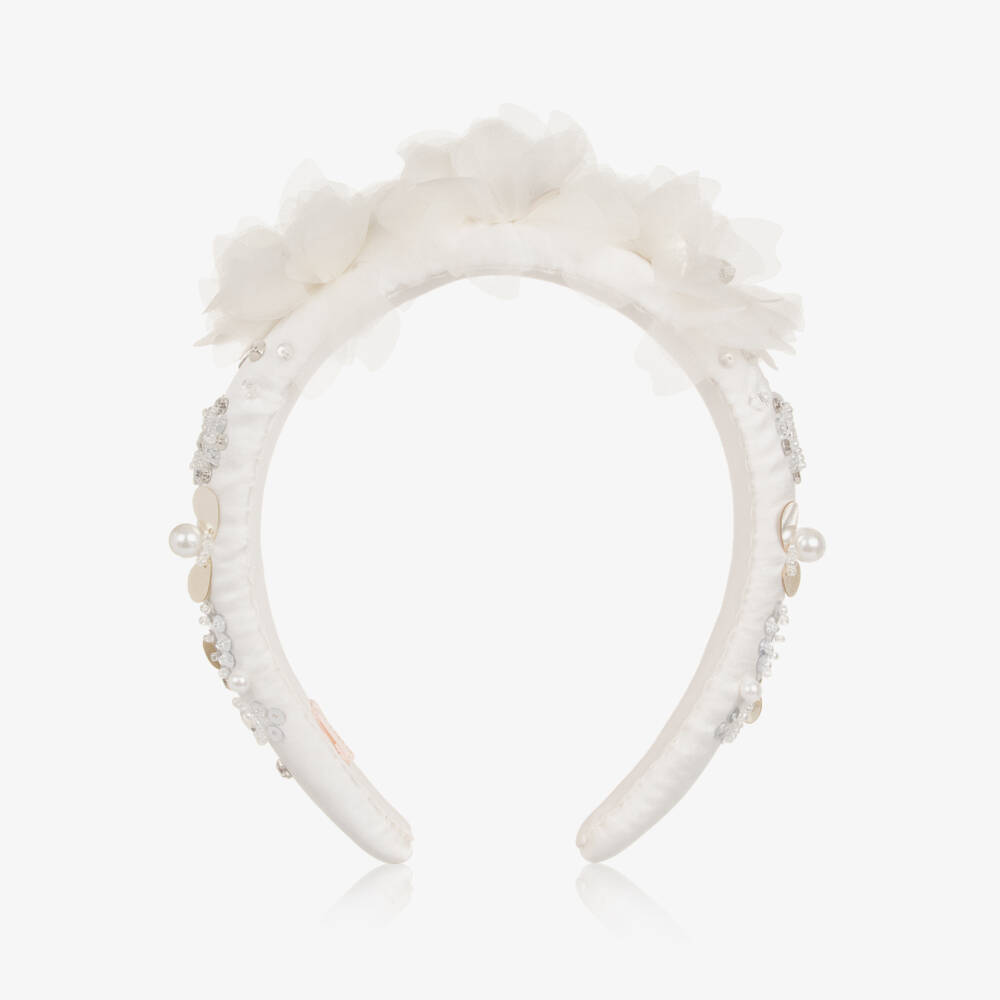 Tutu du Monde-Girls Ivory Beaded Hairband with Flower Appliqués | Childrensalon Outlet