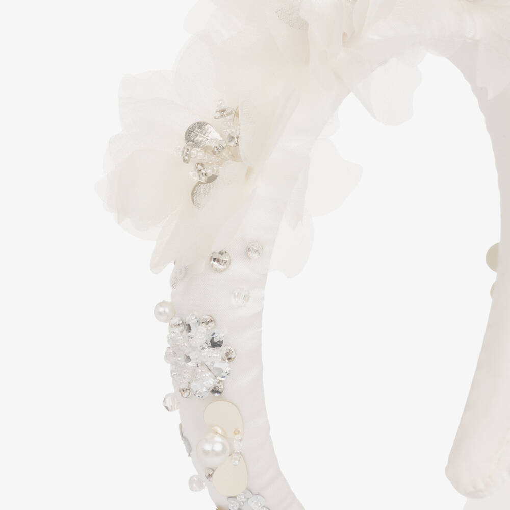 Tutu du Monde-Girls Ivory Beaded Hairband with Flower Appliqués | Childrensalon Outlet