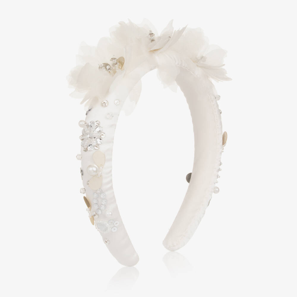 Tutu du Monde-Girls Ivory Beaded Hairband with Flower Appliqués | Childrensalon Outlet