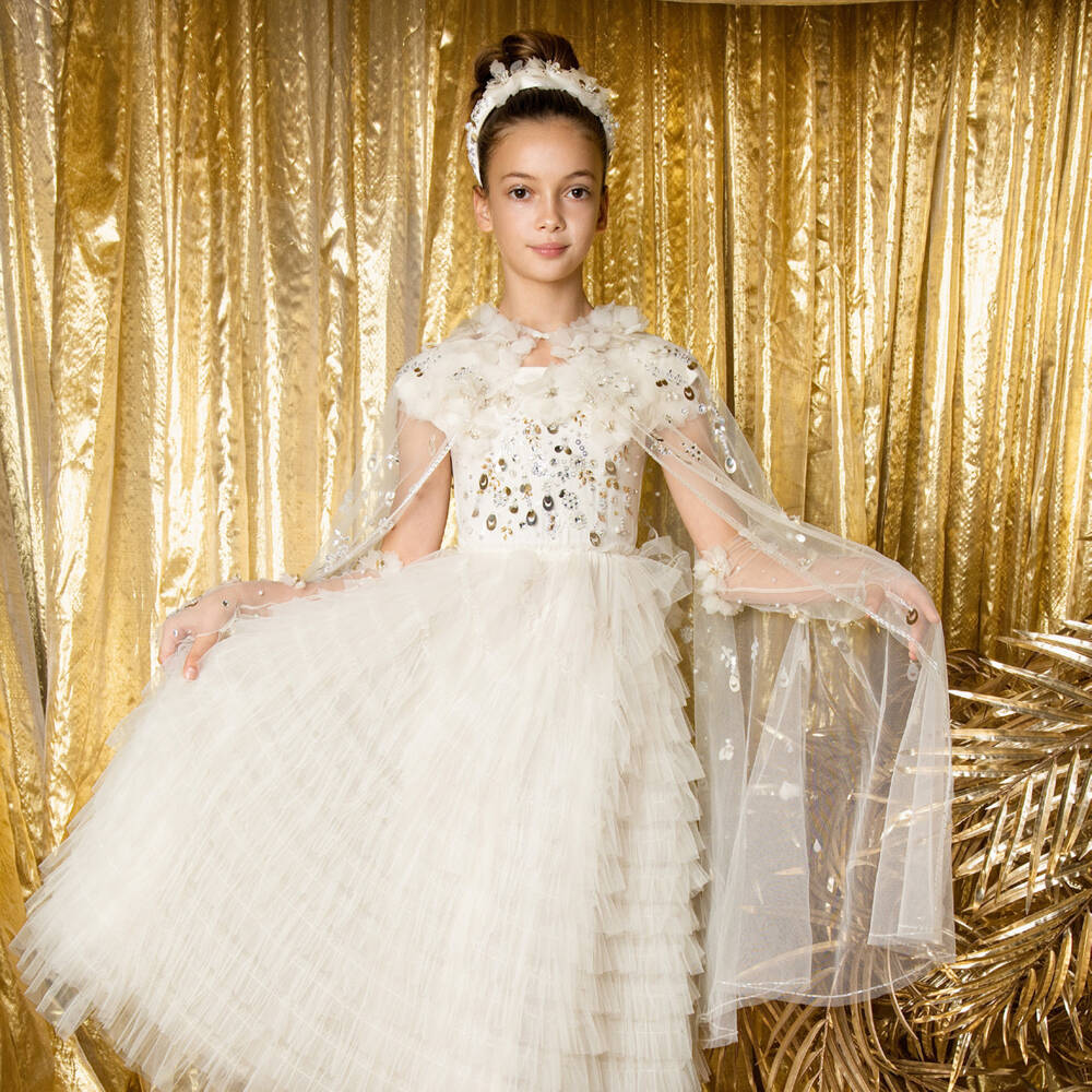 Tutu du Monde-Girls Ivory Beaded Tulle Cape with Jewel Appliqués | Childrensalon Outlet