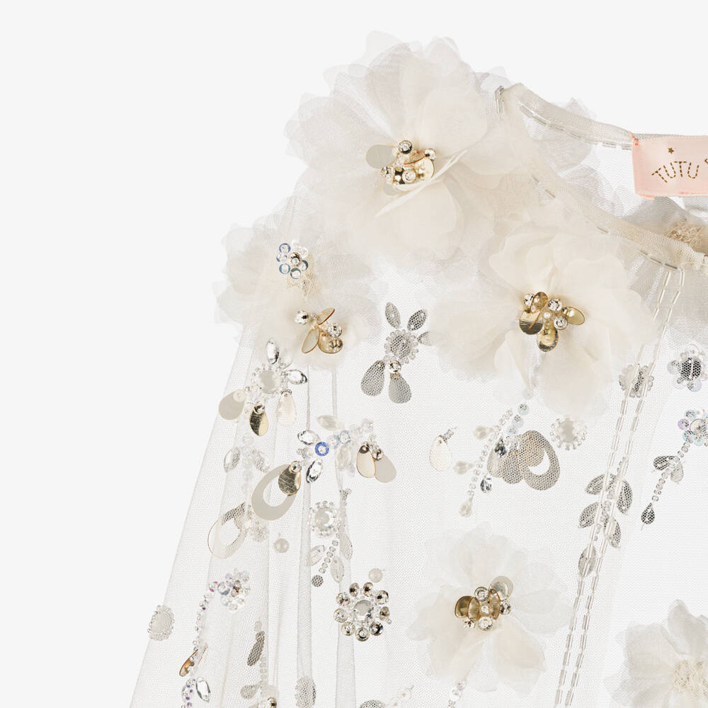 Tutu du Monde-Girls Ivory Beaded Tulle Cape with Jewel Appliqués | Childrensalon Outlet