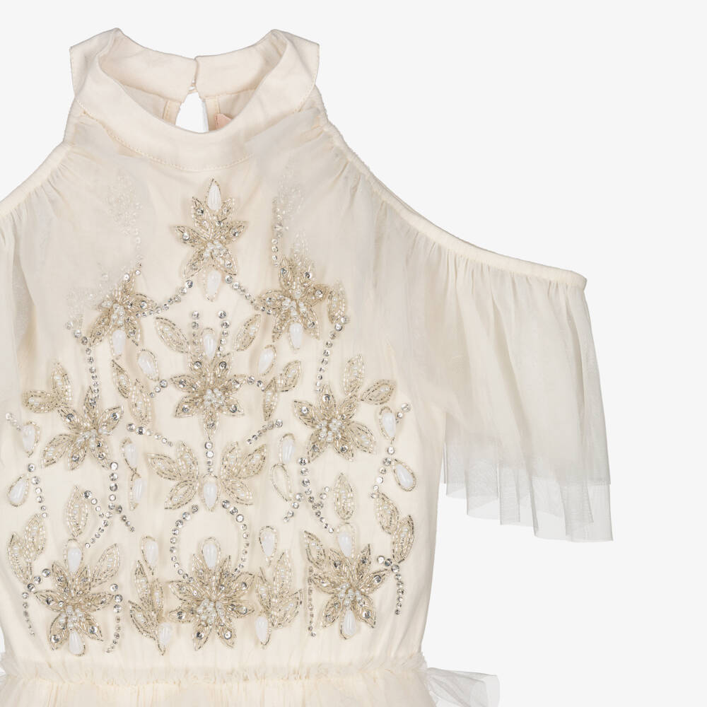 Tutu du Monde-Girls Ivory Beaded Tulle Dress with Waterfall Ruffles | Childrensalon Outlet