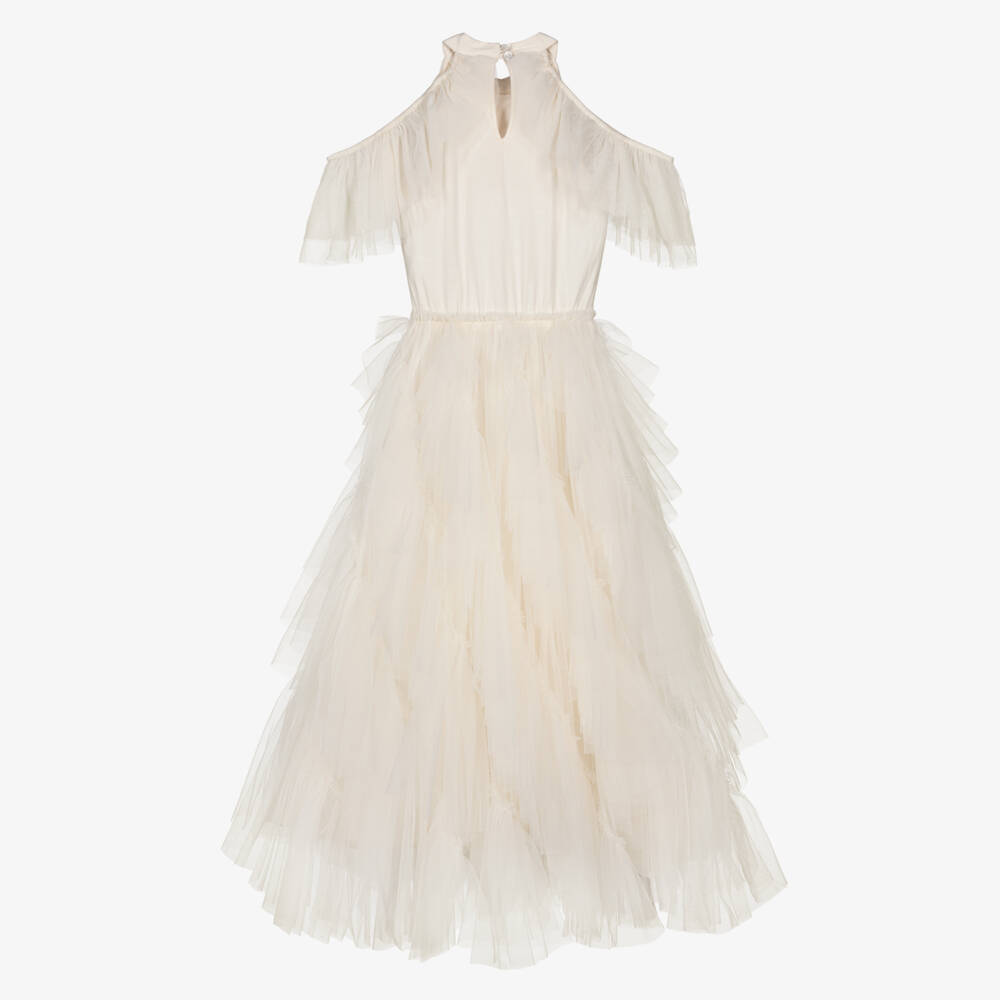 Tutu du Monde-Girls Ivory Beaded Tulle Dress with Waterfall Ruffles | Childrensalon Outlet