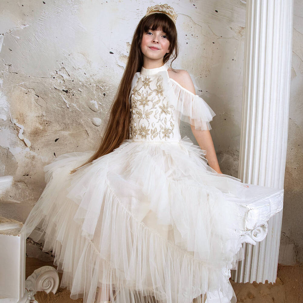 Tutu du Monde-Girls Ivory Beaded Tulle Dress with Waterfall Ruffles | Childrensalon Outlet