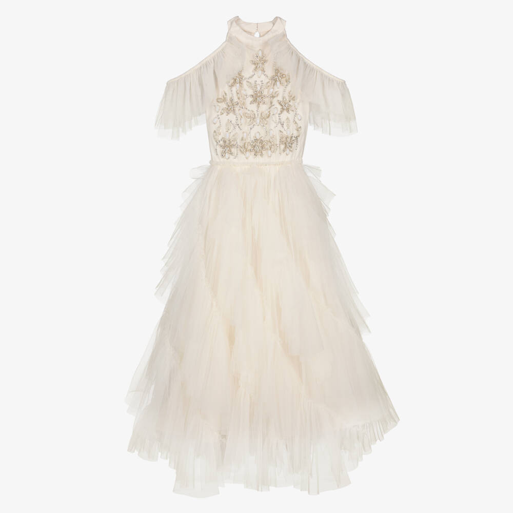 Tutu du Monde-Girls Ivory Beaded Tulle Dress with Waterfall Ruffles | Childrensalon Outlet