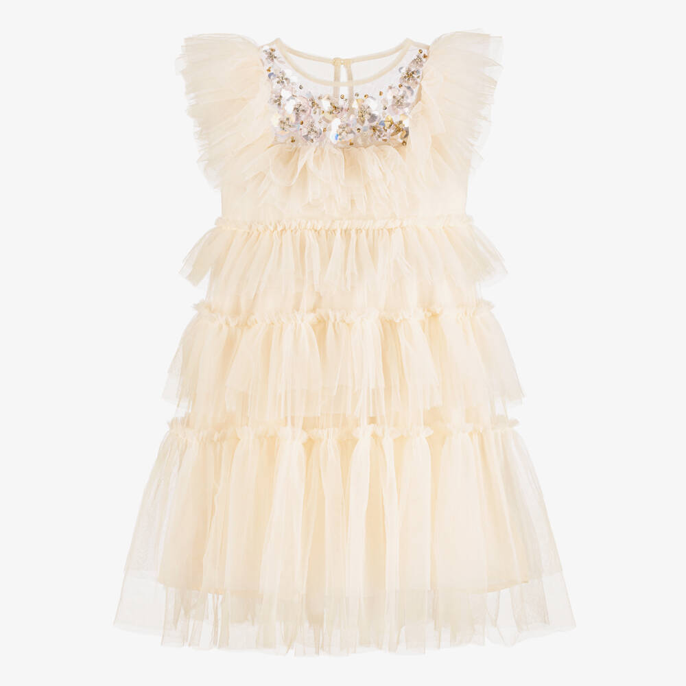 Tutu du Monde-Girls Ivory Tiered Tulle Dress with Beaded Flowers | Childrensalon Outlet