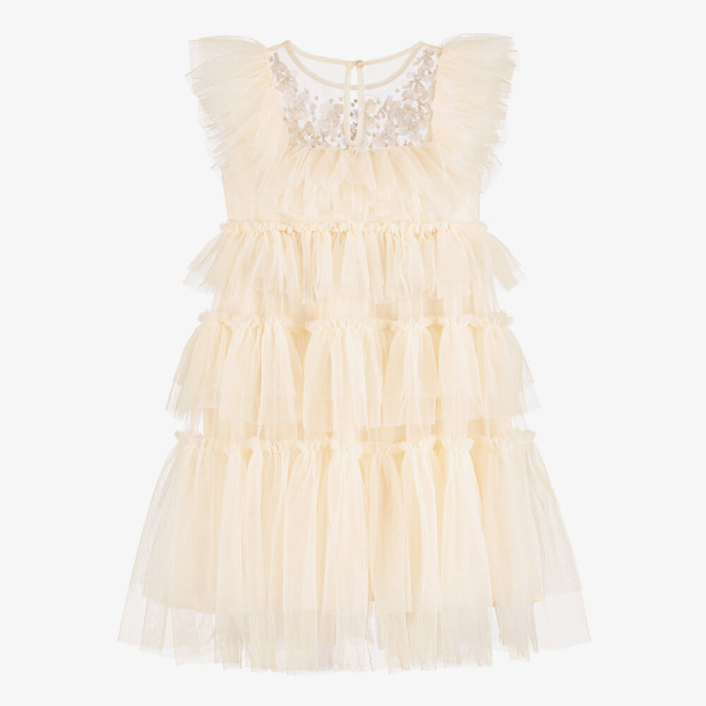 Tutu du Monde-Girls Ivory Tiered Tulle Dress with Beaded Flowers | Childrensalon Outlet