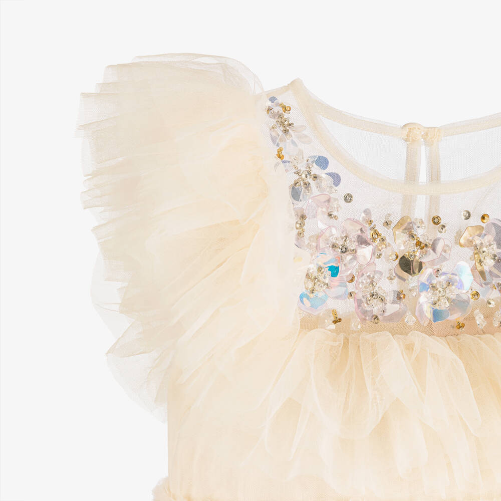 Tutu du Monde-Girls Ivory Tiered Tulle Dress with Beaded Flowers | Childrensalon Outlet