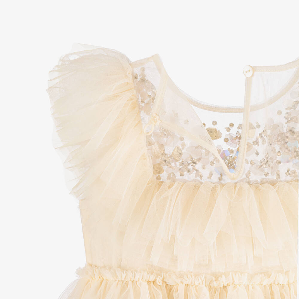 Tutu du Monde-Girls Ivory Tiered Tulle Dress with Beaded Flowers | Childrensalon Outlet