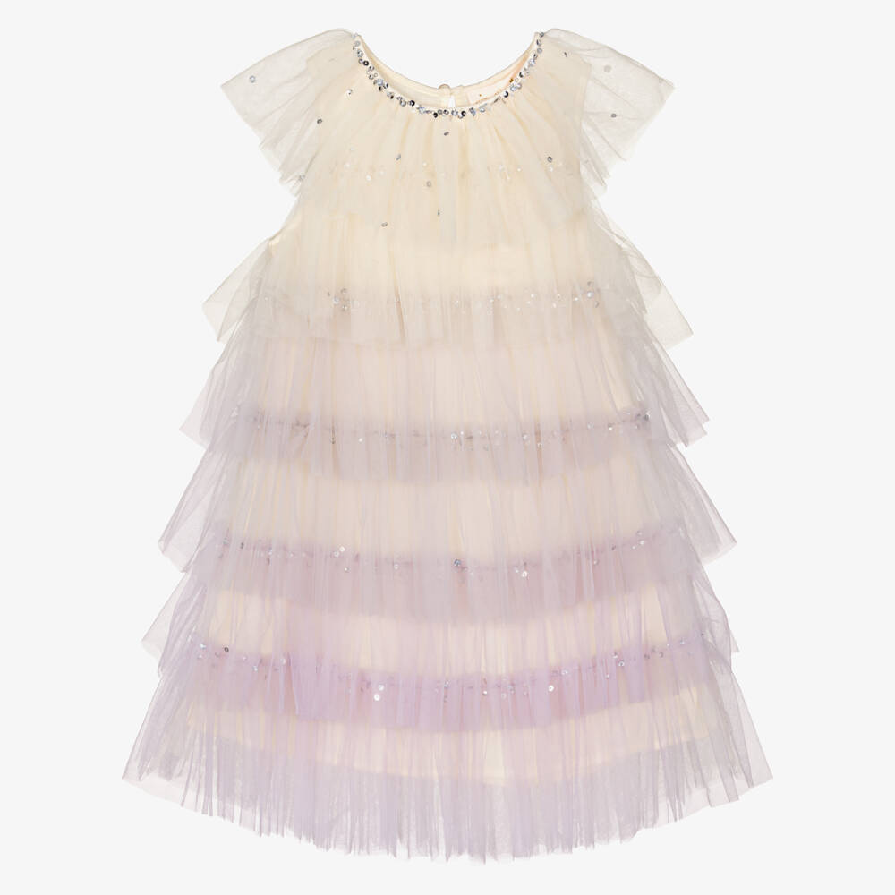 Tutu du Monde-Girls Ivory Tulle Dress with Lavender Trims | Childrensalon Outlet