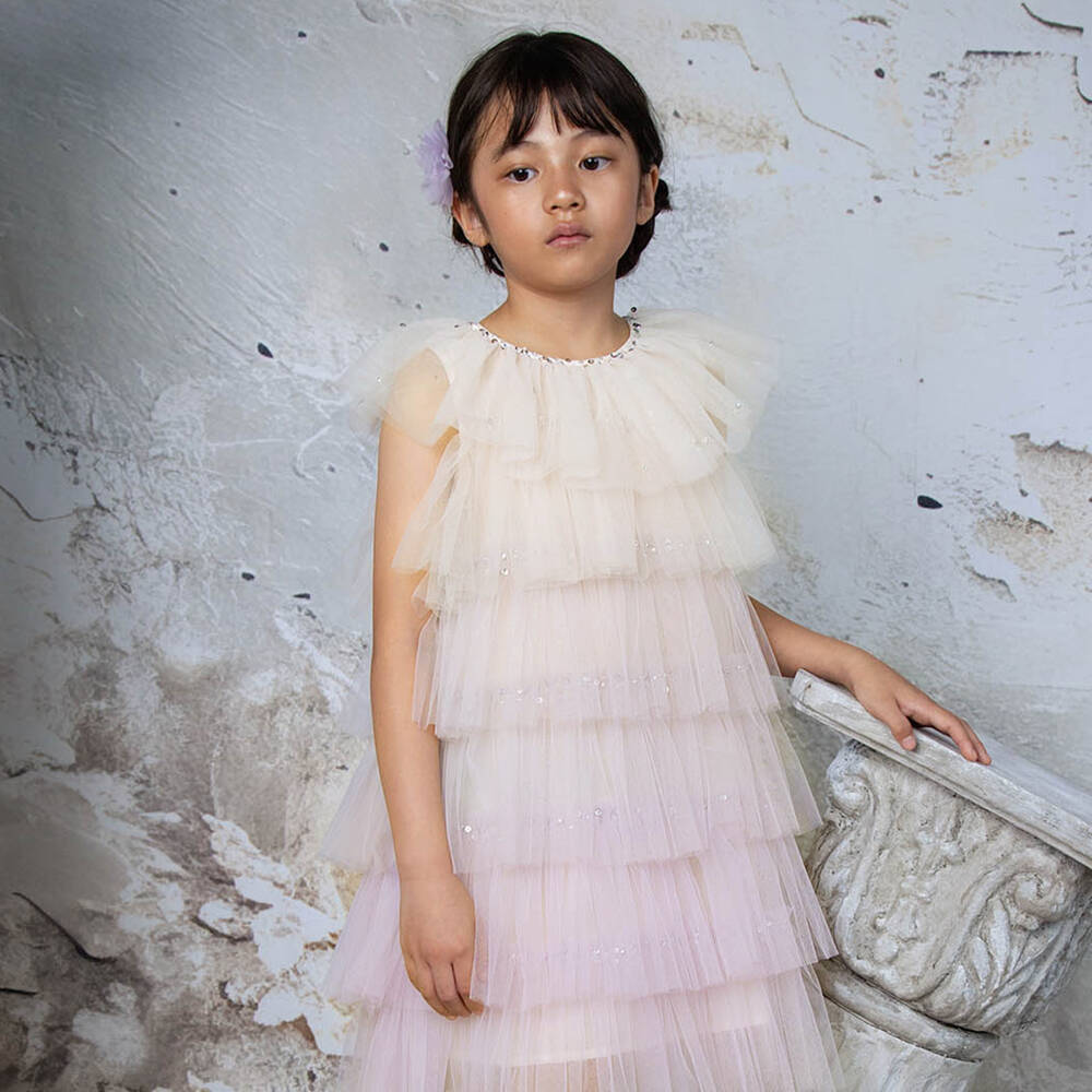 Tutu du Monde-Girls Ivory Tulle Dress with Lavender Trims | Childrensalon Outlet