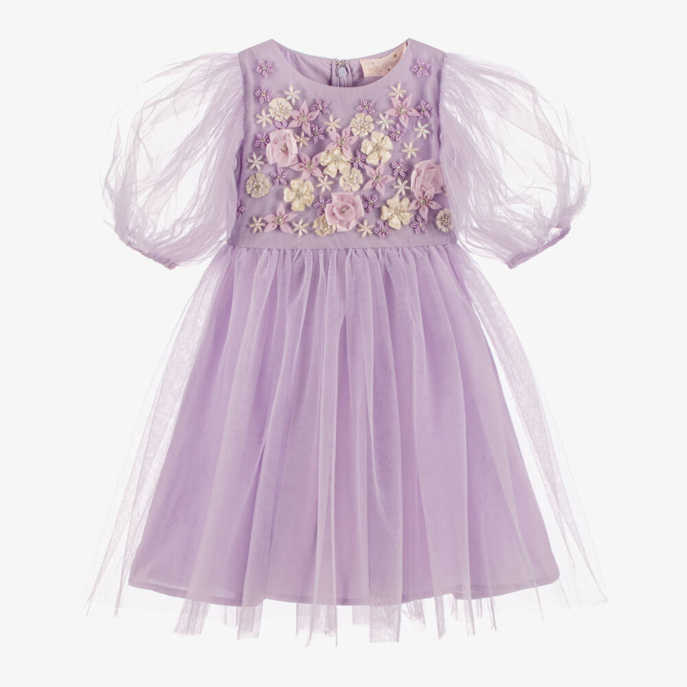 Tutu du Monde-Girls Lilac Purple Tulle Dress with Beaded Flower Appliqués | Childrensalon Outlet