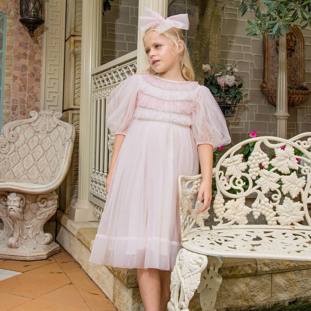 Tutu du Monde-Girls Pale Pink Puff Sleeve Tulle Dress | Childrensalon Outlet