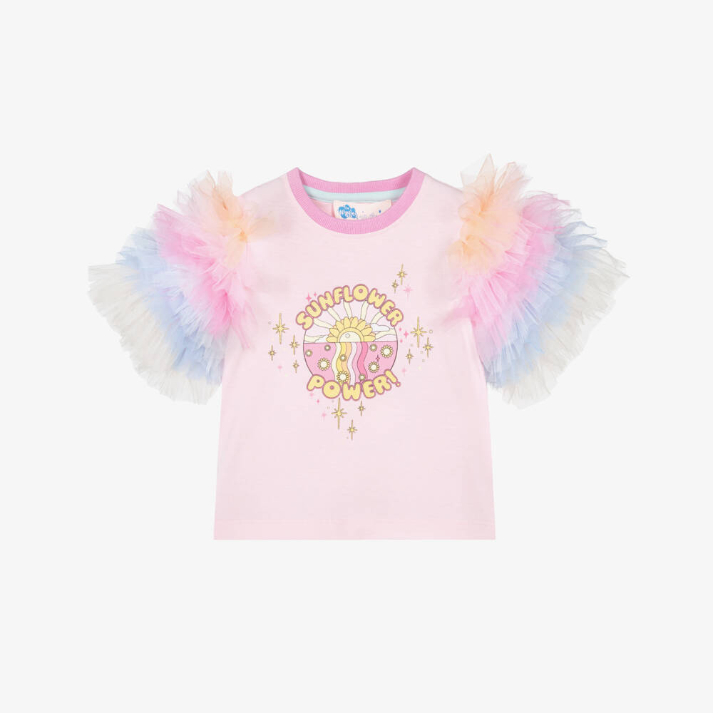 Tutu du Monde-Girls Pink Cotton Sunflower T-Shirt with Tulle Sleeves | Childrensalon Outlet