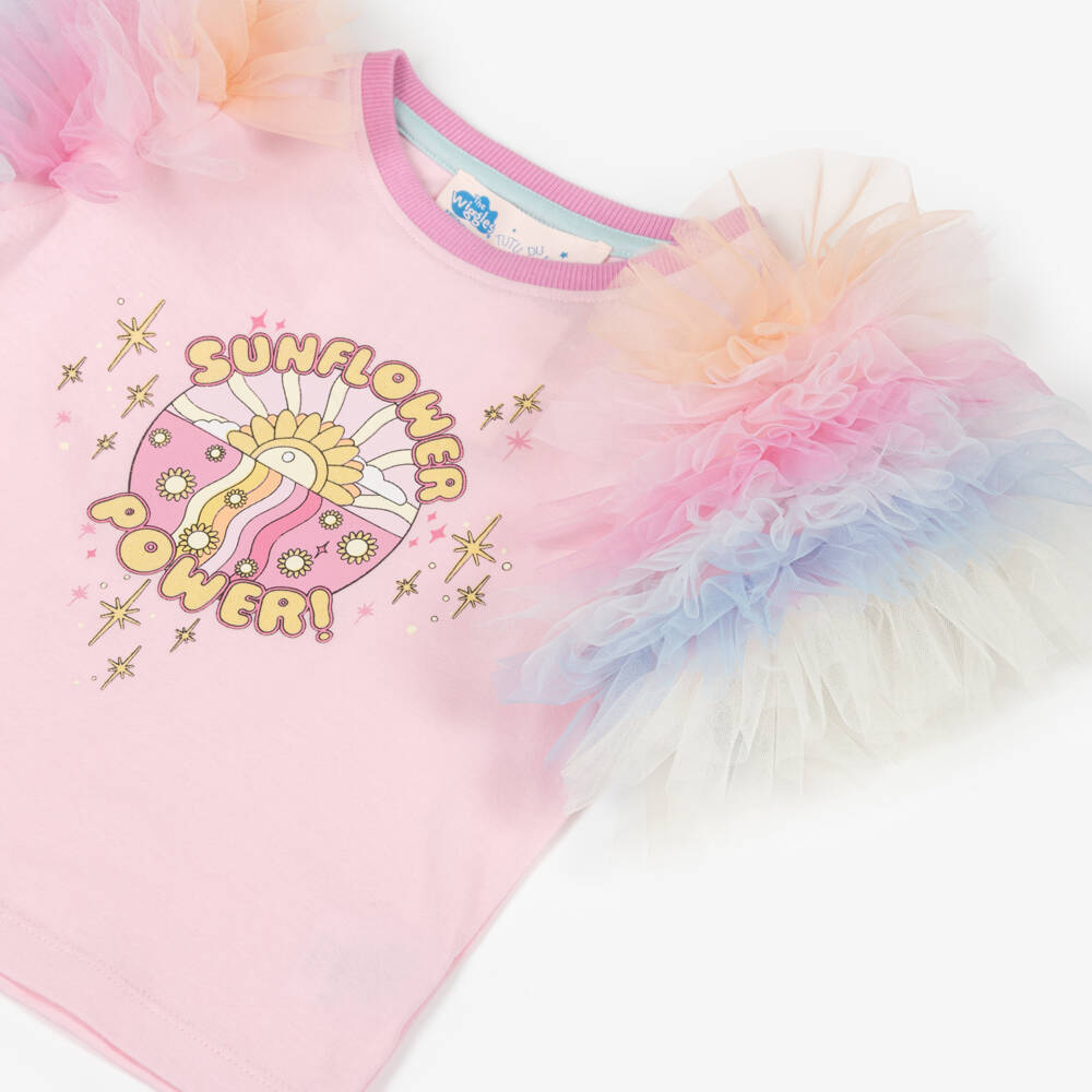 Tutu du Monde-Girls Pink Cotton Sunflower T-Shirt with Tulle Sleeves | Childrensalon Outlet