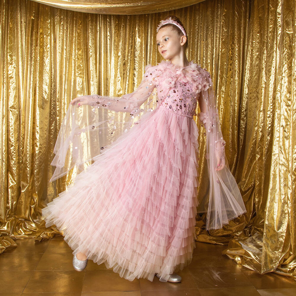 Tutu du Monde-Girls Pink Ruffle Tulle Dress with Beads & Sequin | Childrensalon Outlet
