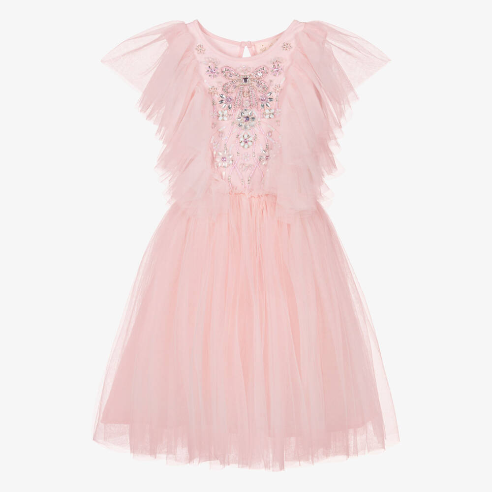 Tutu du Monde-Girls Pink Tulle Dress with Jewelled Bow & Flowers | Childrensalon Outlet