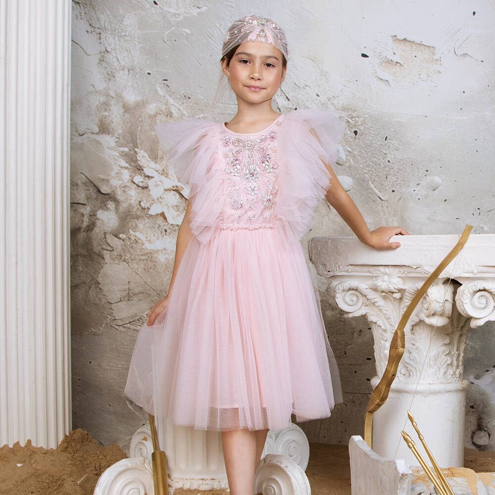 Tutu du Monde-Girls Pink Tulle Dress with Jewelled Bow & Flowers | Childrensalon Outlet