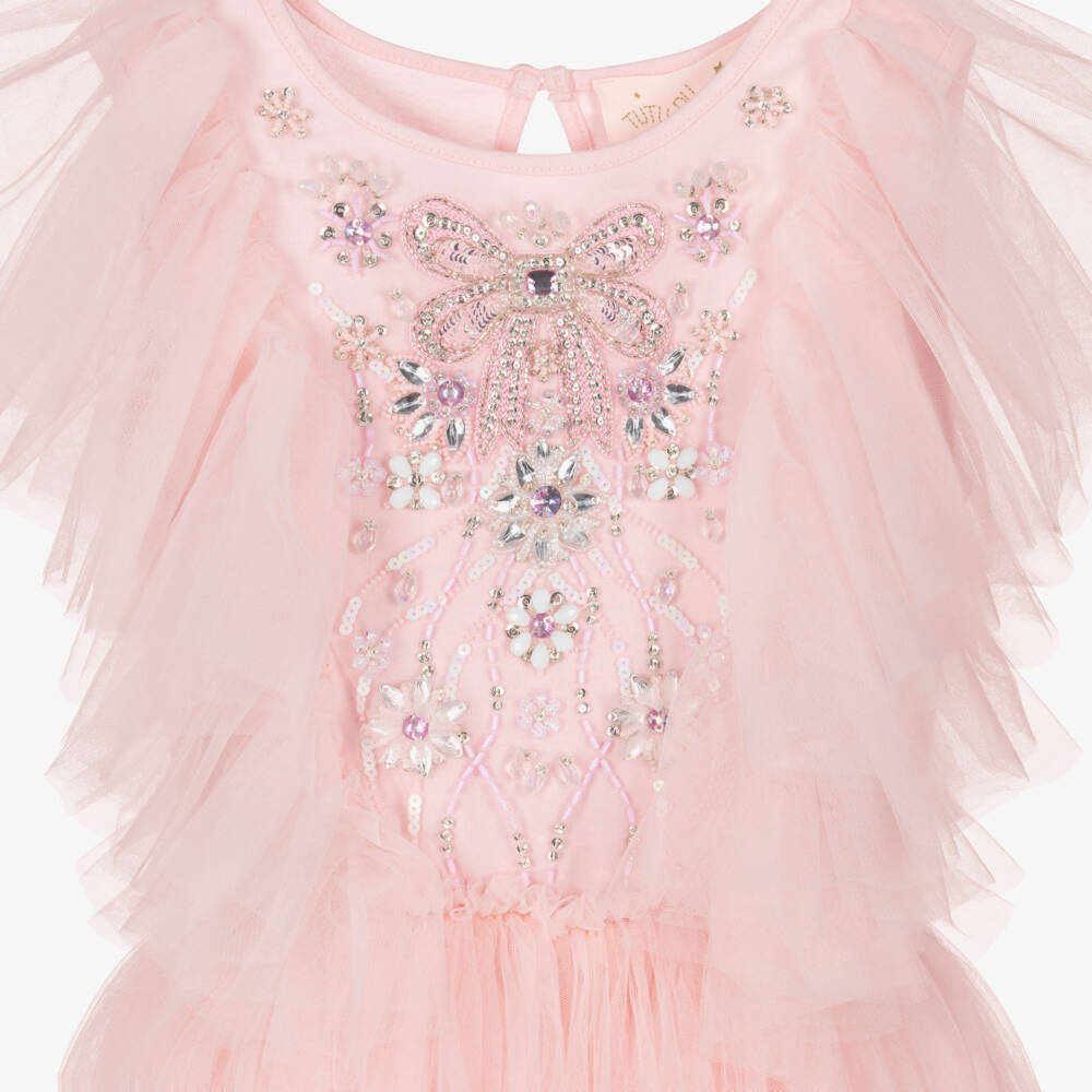 Tutu du Monde-Girls Pink Tulle Dress with Jewelled Bow & Flowers | Childrensalon Outlet