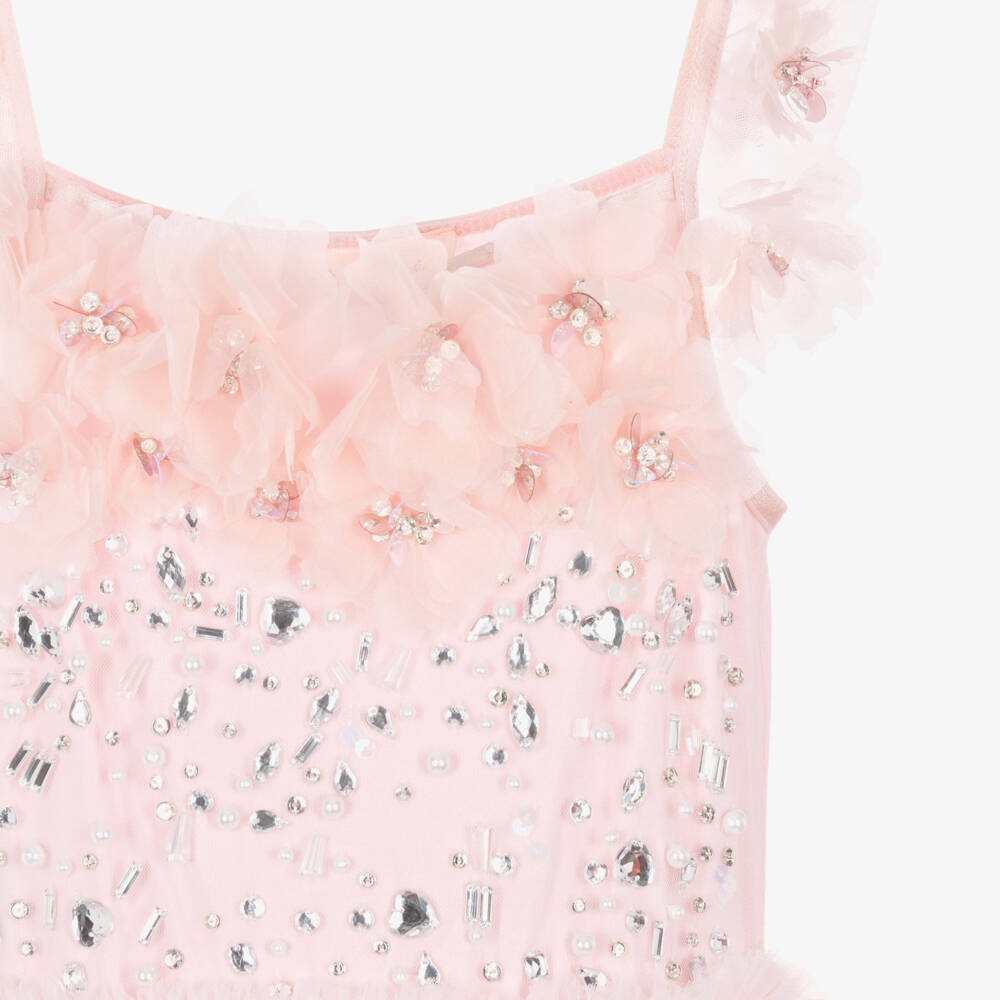 Tutu du Monde-Girls Pink Tulle Tiered Maxi Dress with Flowers & Gems | Childrensalon Outlet