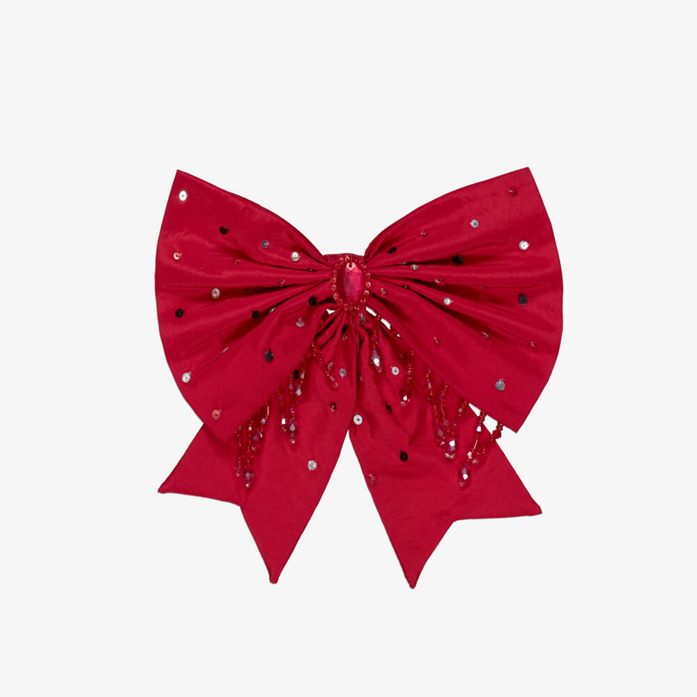 Tutu du Monde-Girls Red Satin Bow Hair Clip with Beads & Sequins (19cm) | Childrensalon Outlet
