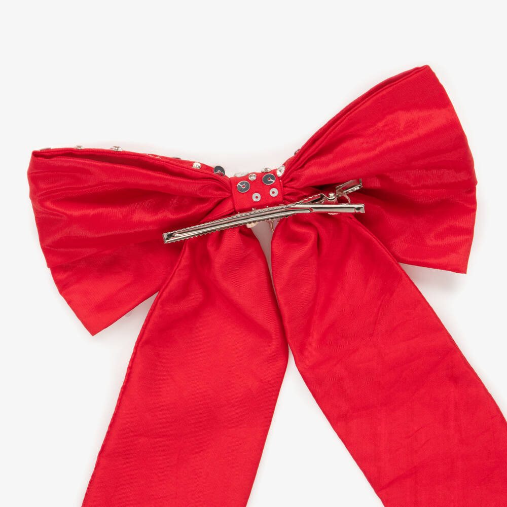 Tutu du Monde-Girls Red Satin Bow Hair Clip with Silver Sequins | Childrensalon Outlet