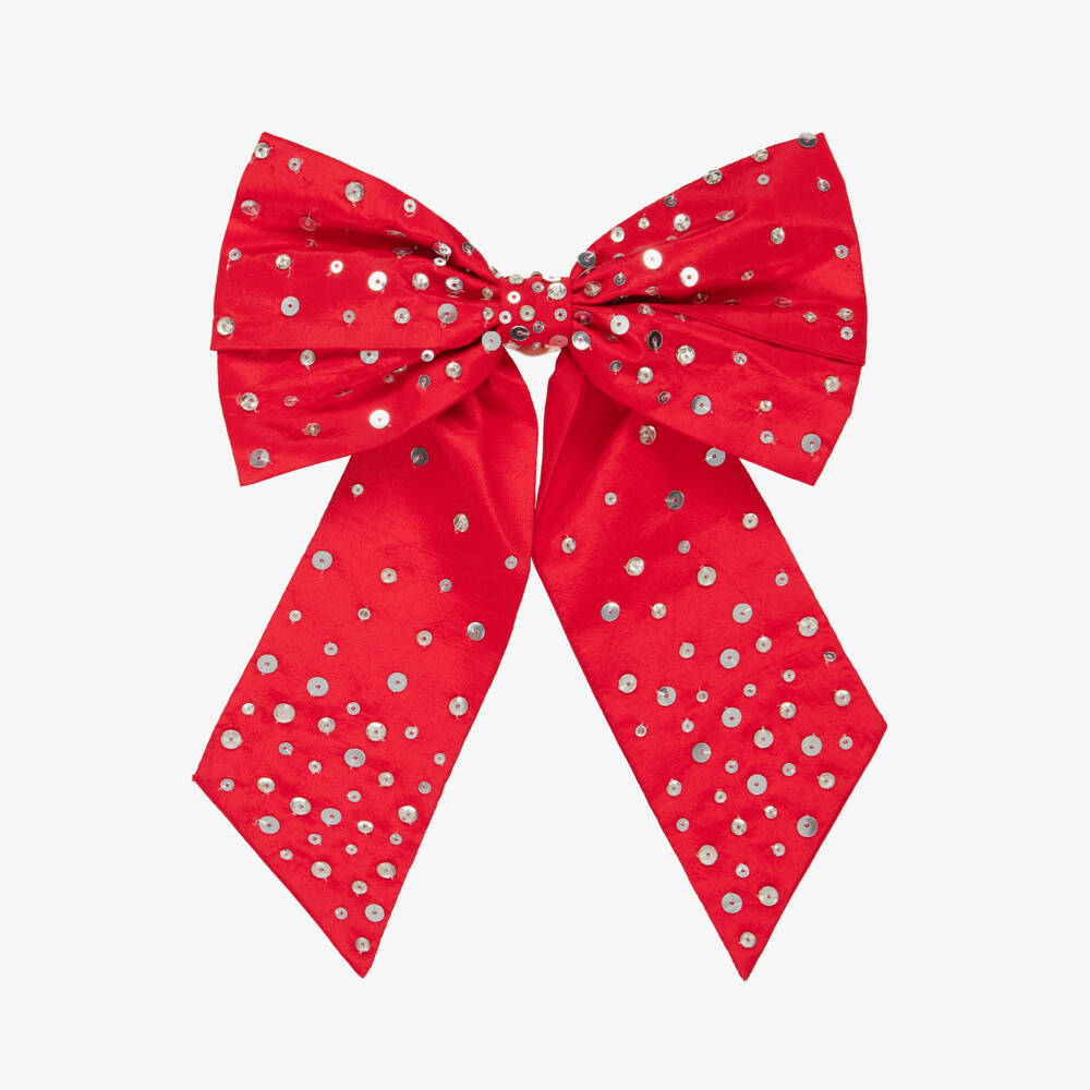 Tutu du Monde-Girls Red Satin Bow Hair Clip with Silver Sequins | Childrensalon Outlet
