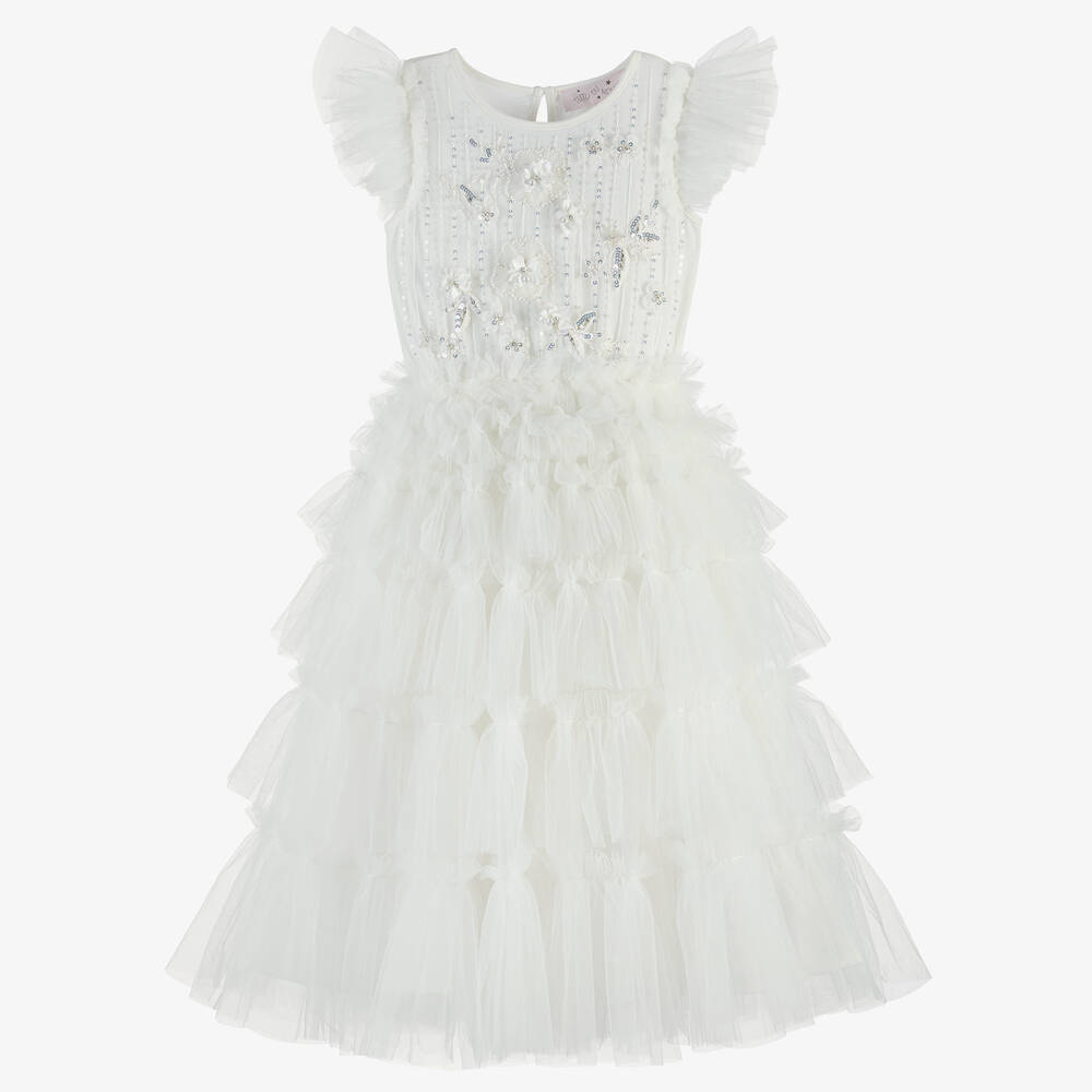 Tutu du Monde - Girls White Beaded Long Tulle Dress | Childrensalon