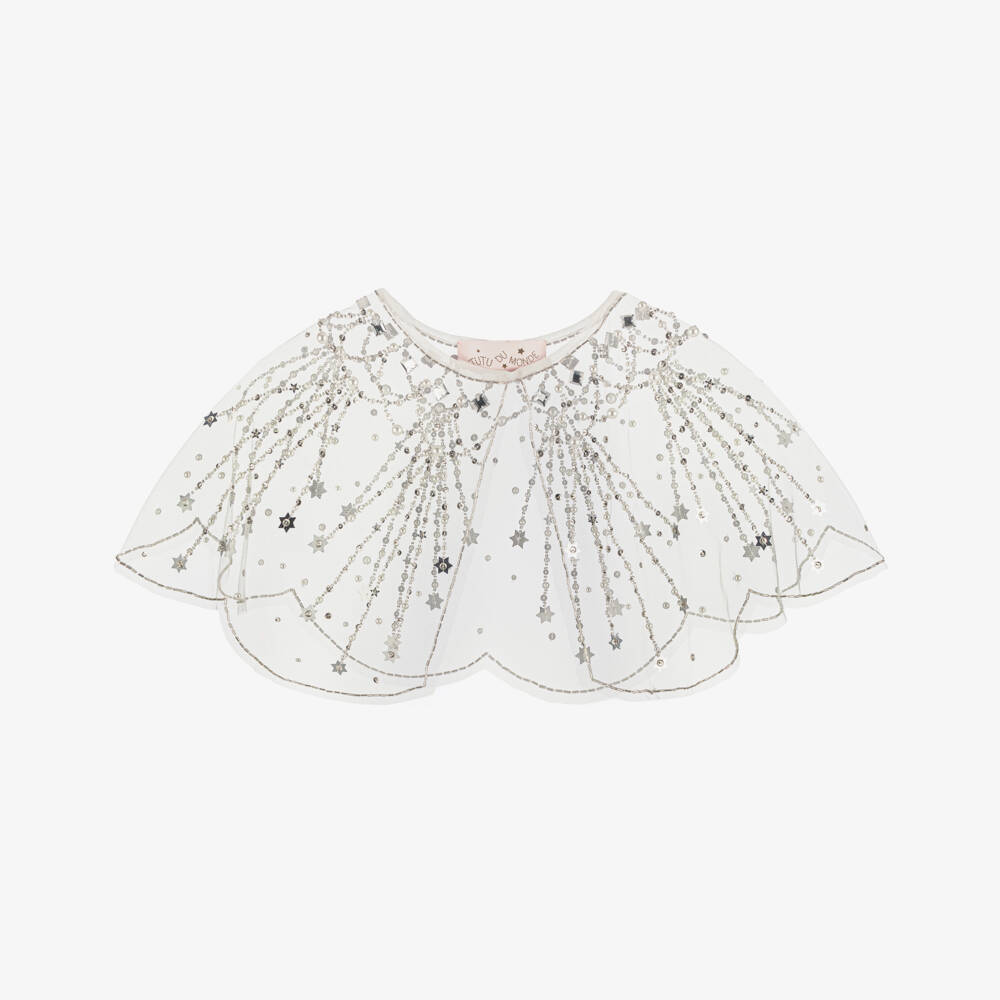 Tutu du Monde-Girls White Tulle Cape with Silver Stars & Pearls | Childrensalon Outlet