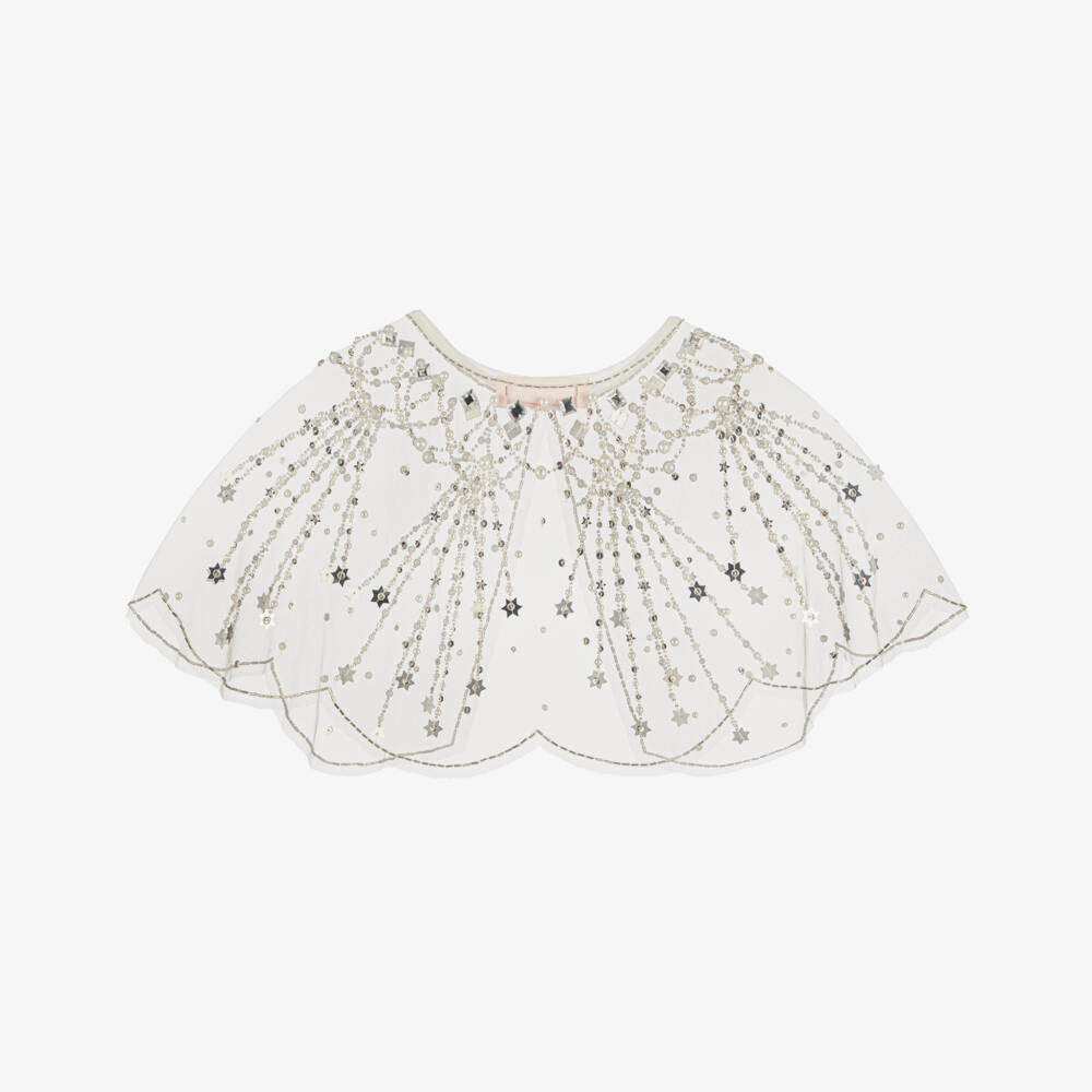 Tutu du Monde-Girls White Tulle Cape with Silver Stars & Pearls | Childrensalon Outlet