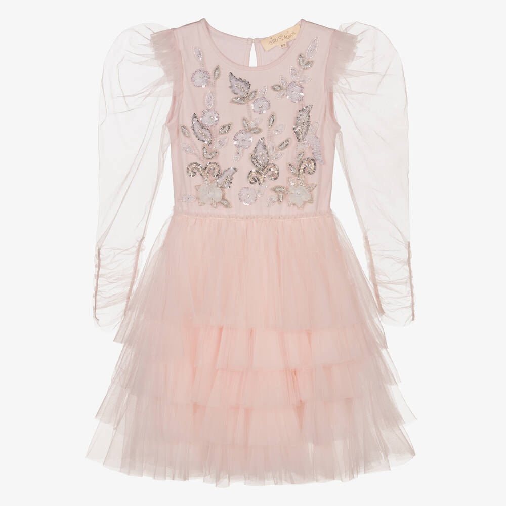 Tutu du Monde - Розовое платье из тюля с ручной вышивкой бисером | Childrensalon