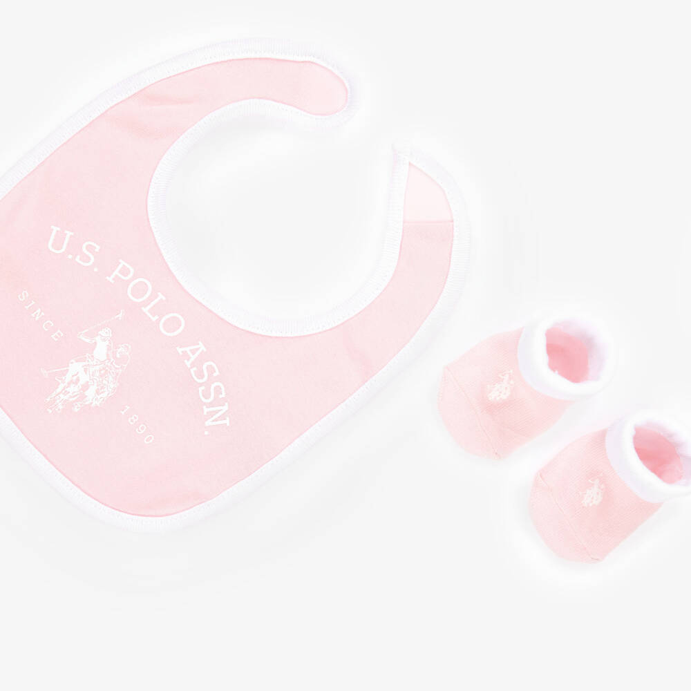 U.S. Polo Assn.-Baby Girls Pink Cotton Bib & Booties Set | Childrensalon Outlet