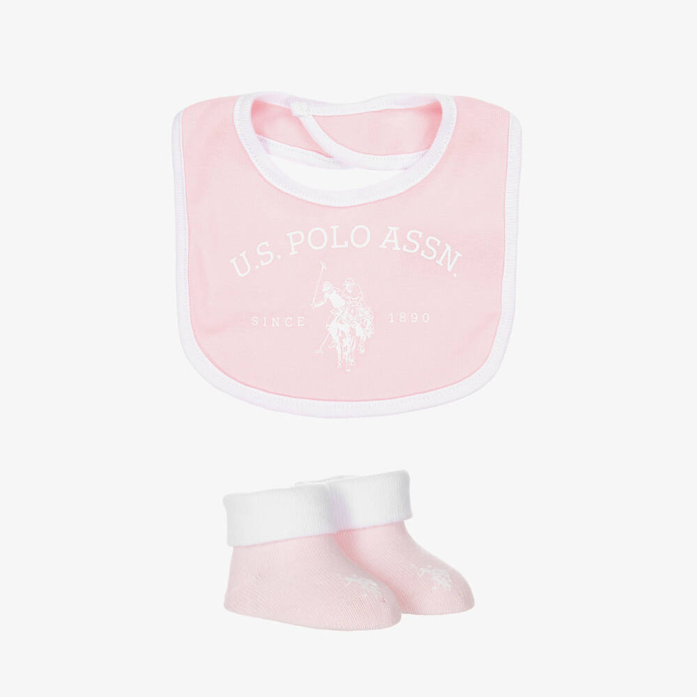 U.S. Polo Assn.-Baby Girls Pink Cotton Bib & Booties Set | Childrensalon Outlet