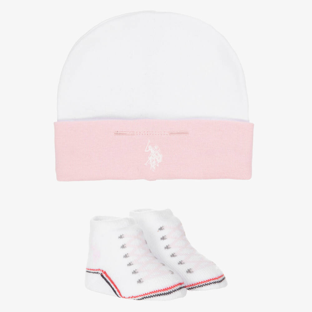 U.S. Polo Assn.-طقم قبعة وجوارب شتوية لون أبيض للمولودات | Childrensalon Outlet