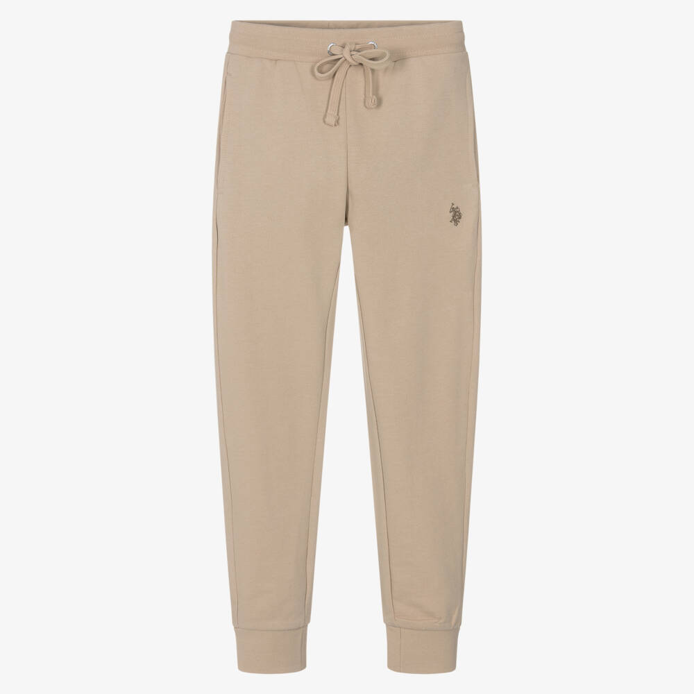 U.S. Polo Assn.-Boys Beige Cotton Joggers with Double Horsemen Logo | Childrensalon Outlet