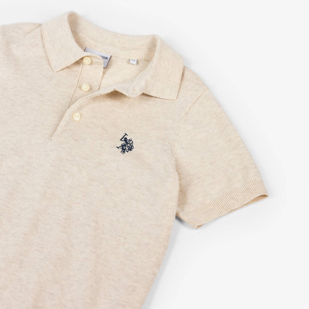 U.S. Polo Assn.-Boys Beige Cotton Knit Polo Shirt | Childrensalon Outlet
