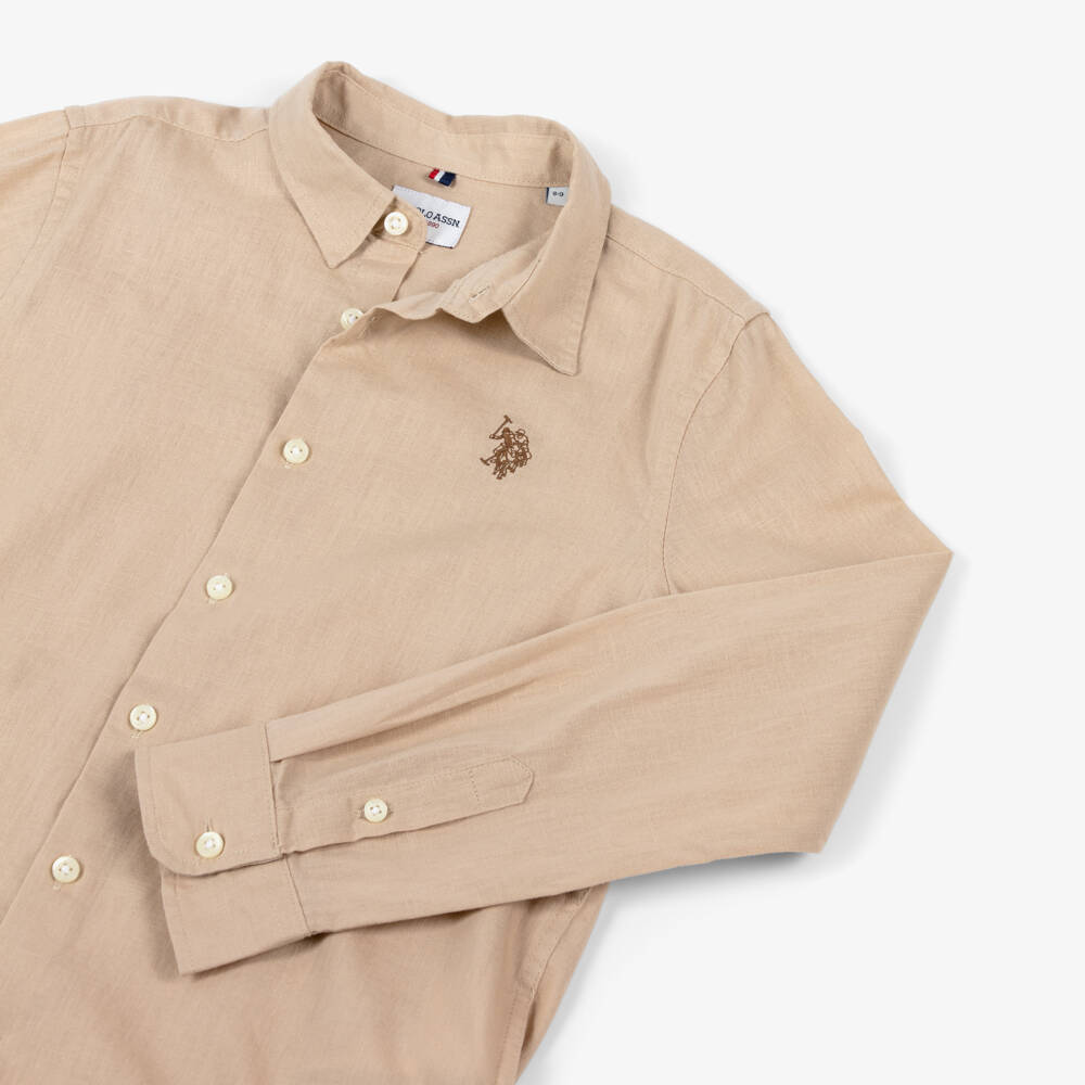 U.S. Polo Assn.-Boys Beige Cotton & Linen Shirt with Embroidered Logo | Childrensalon Outlet