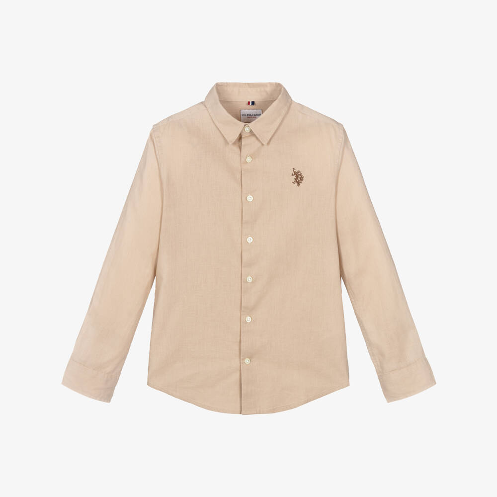 U.S. Polo Assn.-Boys Beige Cotton & Linen Shirt with Embroidered Logo | Childrensalon Outlet