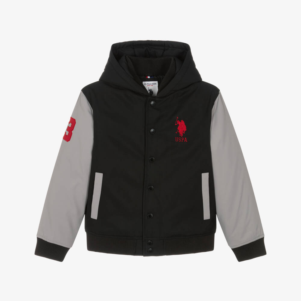 U.S. Polo Assn.-Boys Black & Grey Hooded Jacket with Double Horsemen Logo | Childrensalon Outlet