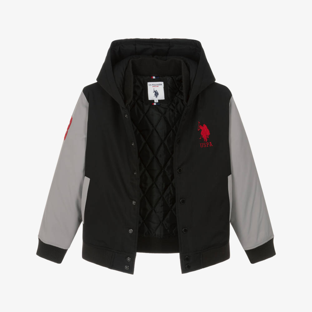 U.S. Polo Assn.-Boys Black & Grey Hooded Jacket with Double Horsemen Logo | Childrensalon Outlet