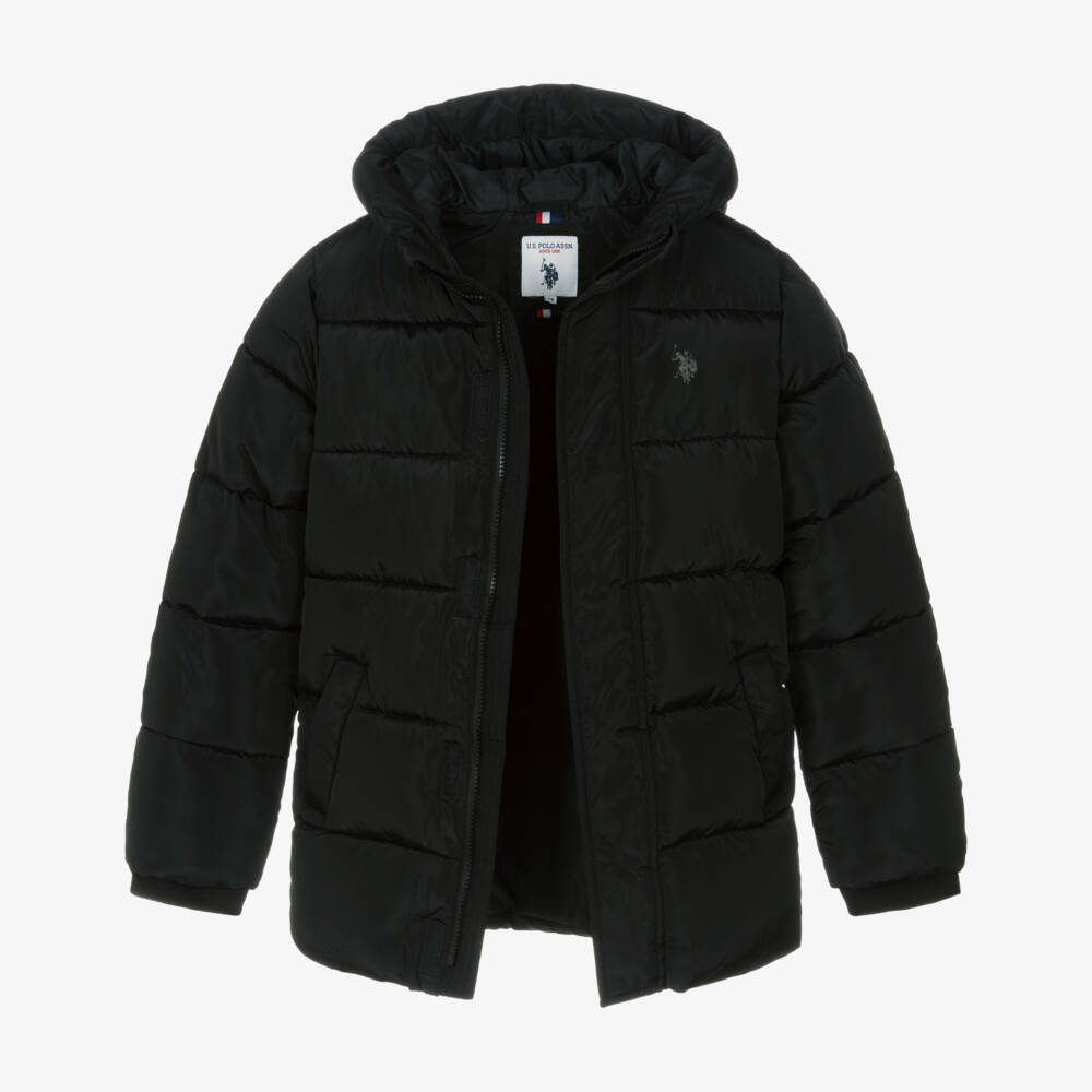 U.S. Polo Assn.-Boys Black Hooded Puffer coat with Double Horsemen Logo | Childrensalon Outlet