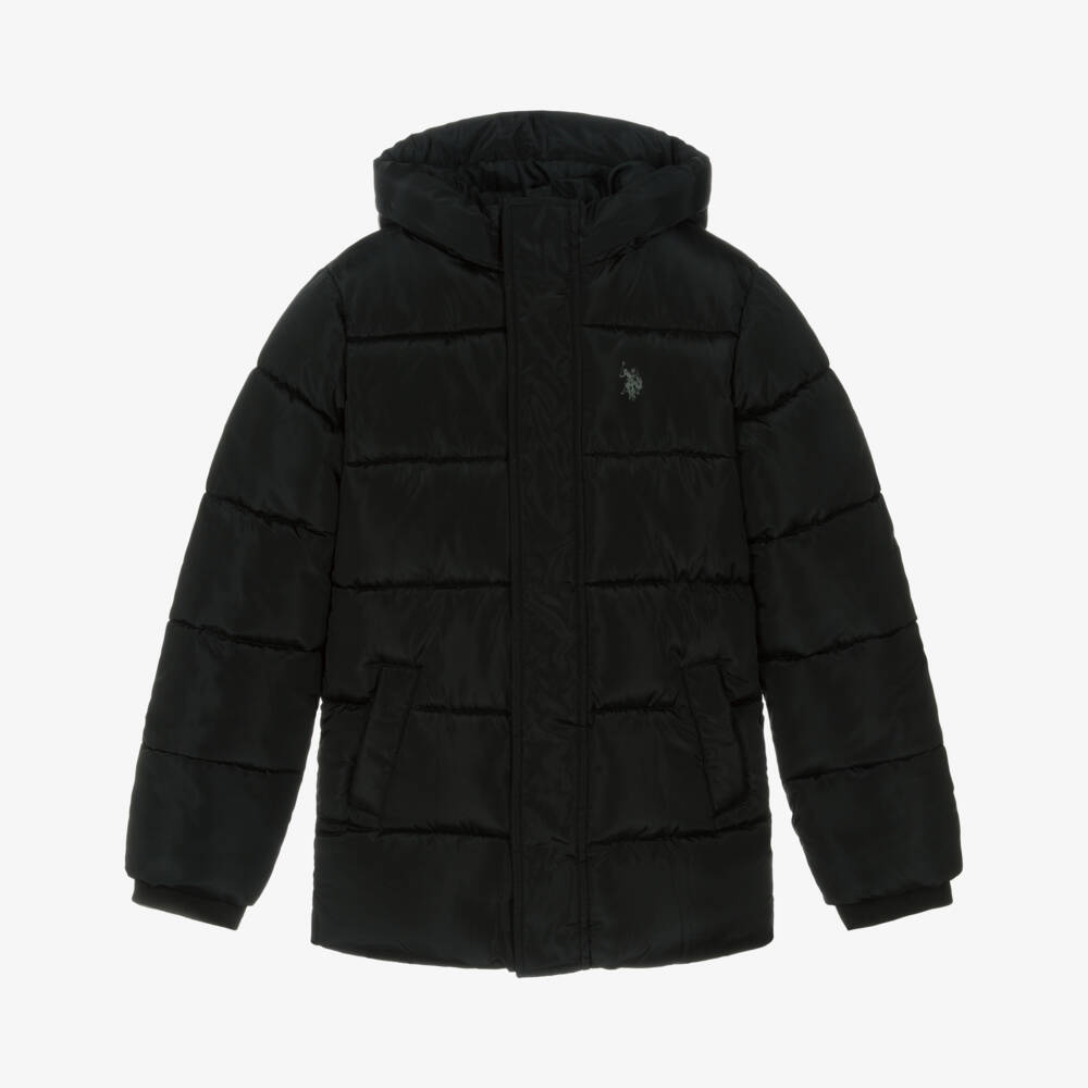 U.S. Polo Assn.-Boys Black Hooded Puffer coat with Double Horsemen Logo | Childrensalon Outlet